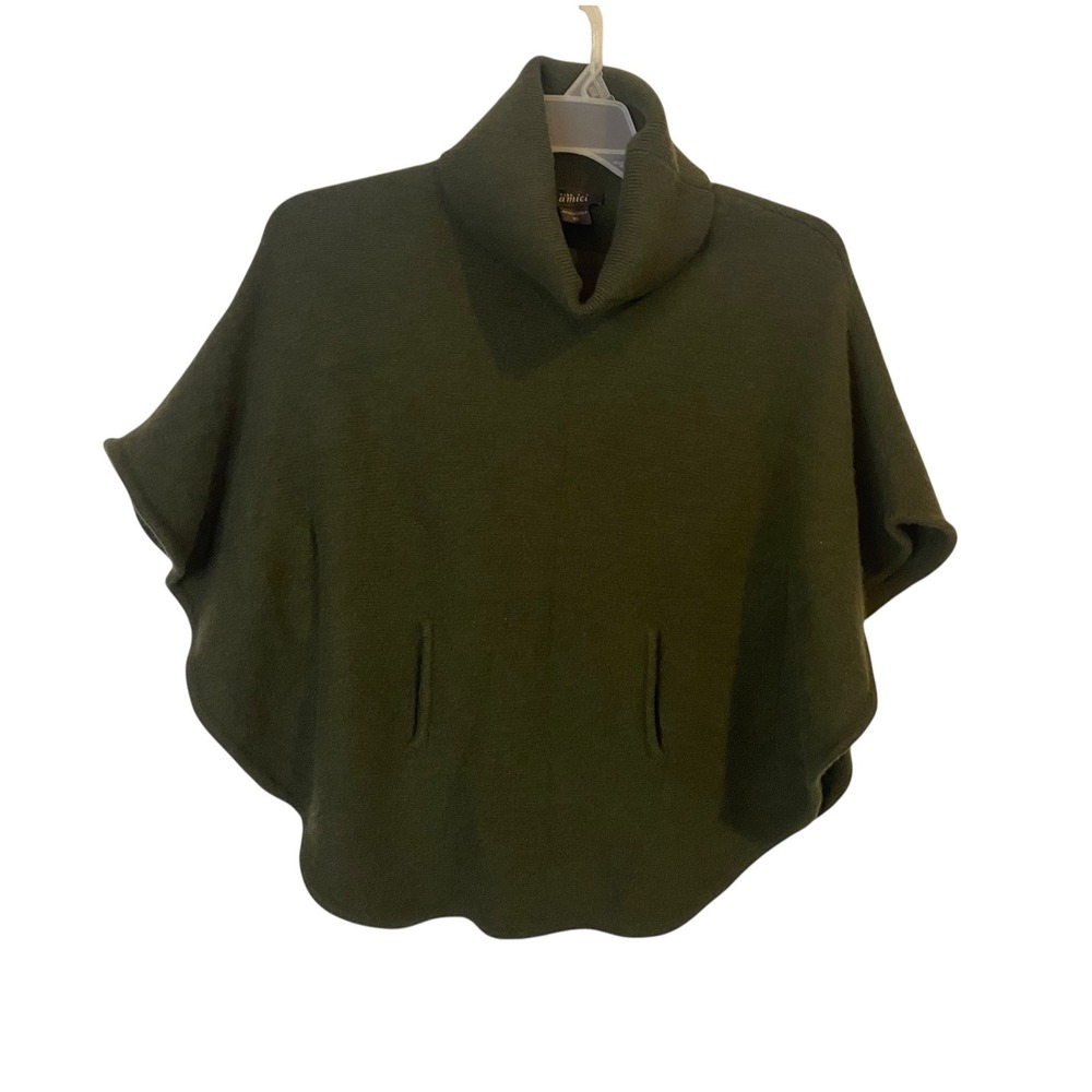 Pure Amici Womens 100% Cashmere Poncho Sweater Olive Green Cowl Neck Pockets XS